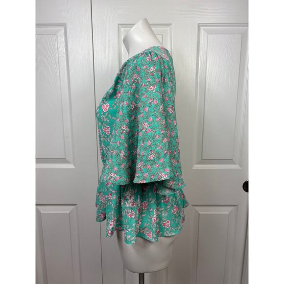 L'ayard Floral Boho Peplum Top Green Blouse Size Medium - Picture 2 of 7